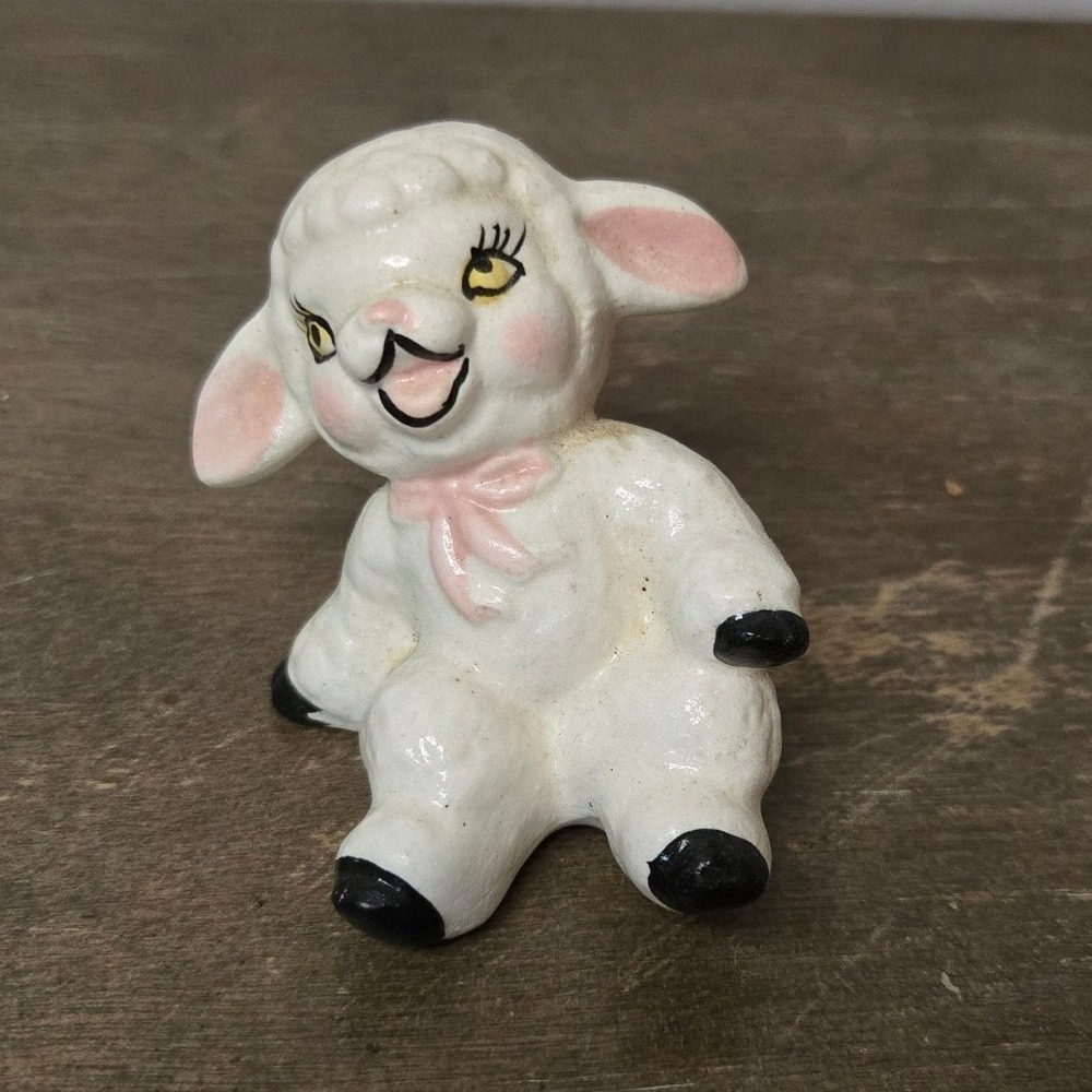 Vintage Ceramic Lamb Figurine White Sheep Pink Bow Mid Century Kitsch 2.5 Inch